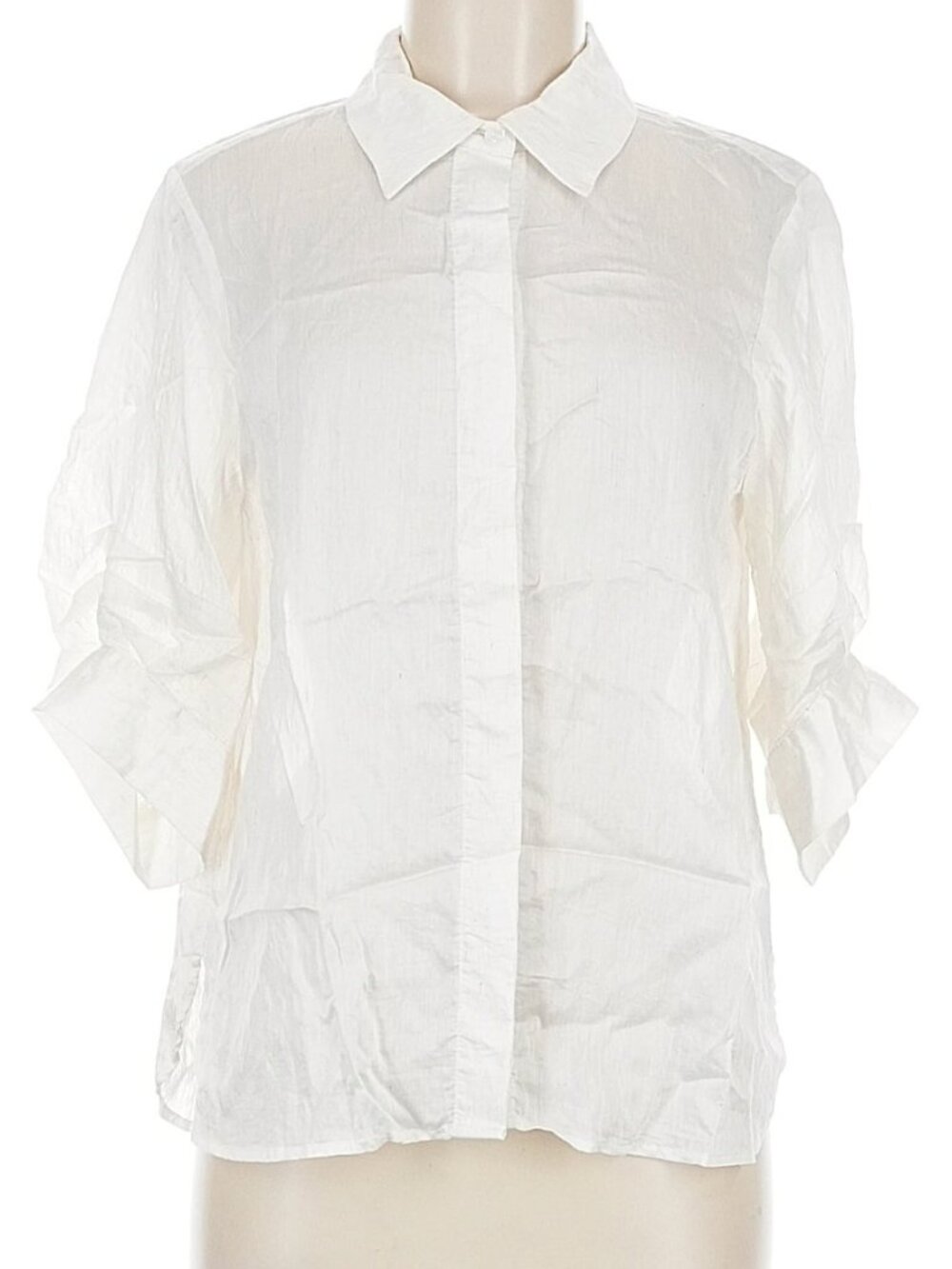Naked Zebra Size M ~ 3/4 Ruched Sleeves Button-down Shirt Blouse Ivory Off White